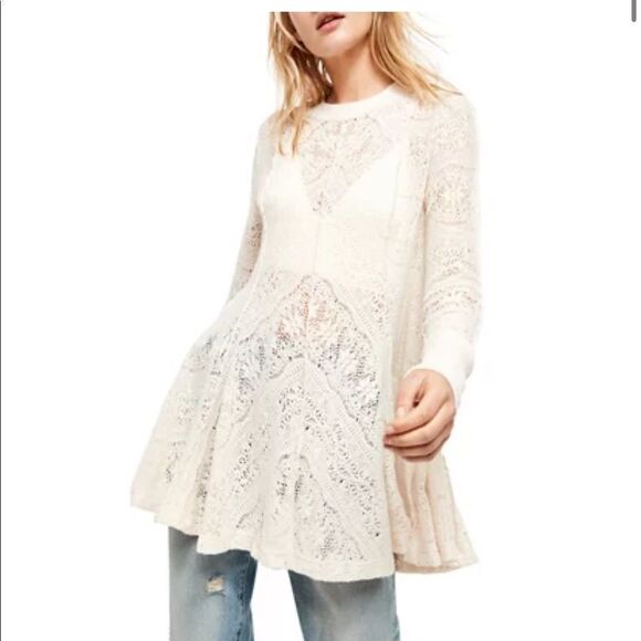 NWT Free People Coffee In The Morning Knit Tunic Top in Ivory - Picture 1 of 7